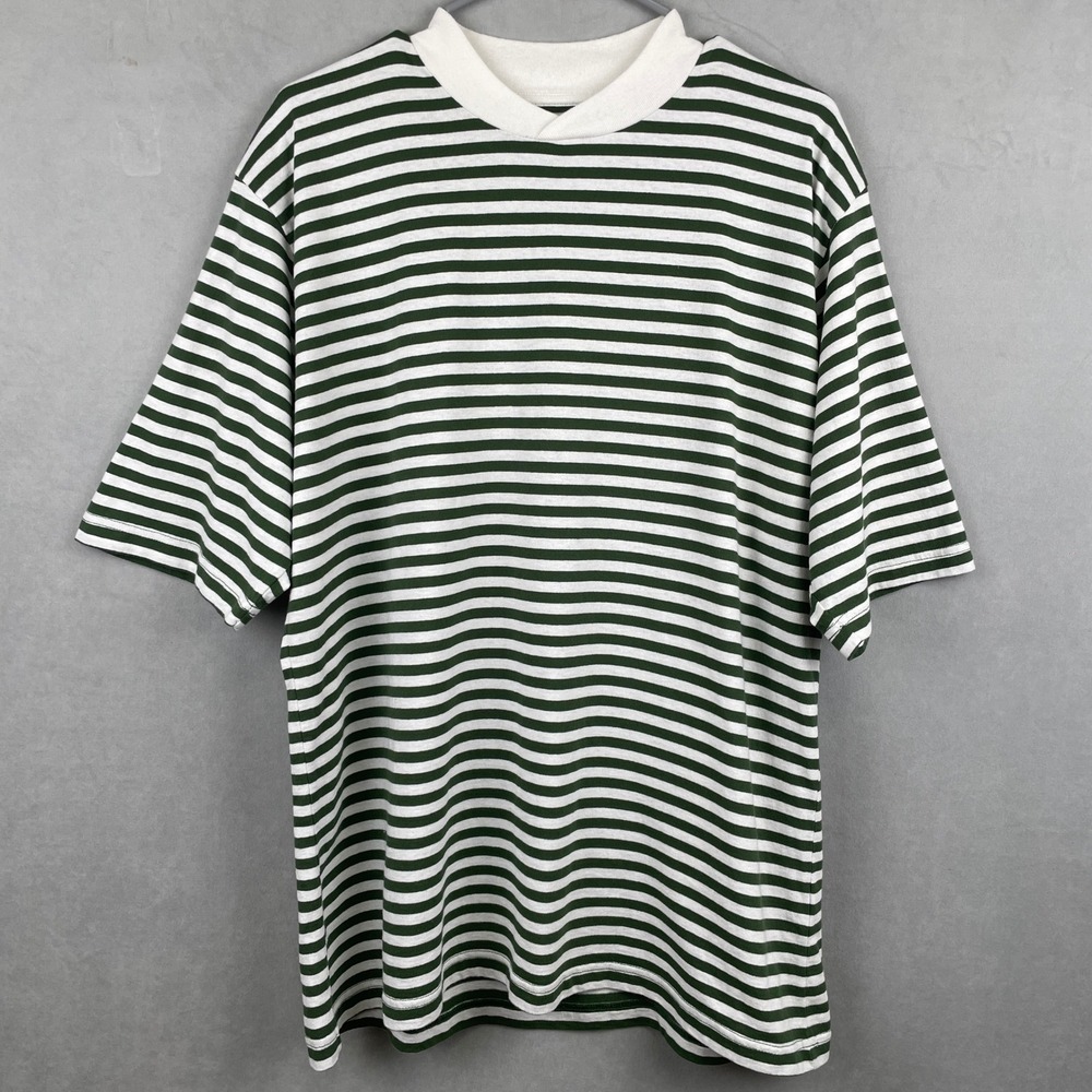 Barbour Mens Green White Striped Mock Neck Cotton T-Shirt L Preppy MTS0694GN39